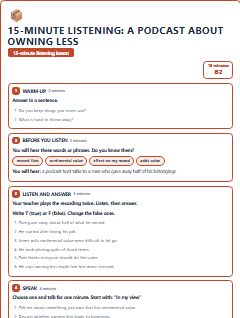 First page of 15-Minute Listening: a podcast about owning less, B2 lesson plan
