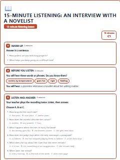 First page of 15-Minute Listening: an interview with a novelist, C1 lesson plan
