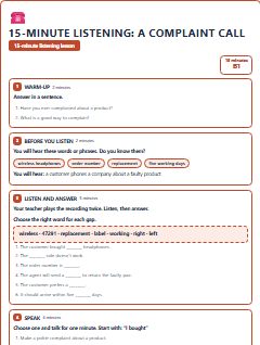 First page of 15-Minute Listening: a complaint call, B1 lesson plan