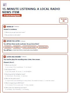 First page of 15-Minute Listening: a local radio news item, B1 lesson plan