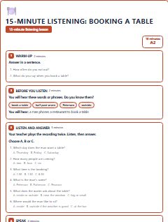 First page of 15-Minute Listening: booking a table, A2 lesson plan