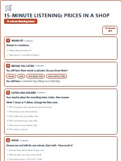 First page of 15-Minute Listening: prices in a shop, A1 lesson plan
