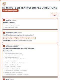 First page of 15-Minute Listening: simple directions, A1 lesson plan
