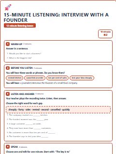 First page of 15-Minute Listening: interview with a founder, B2 lesson plan