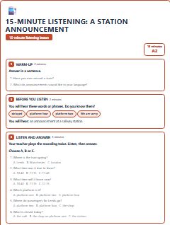First page of 15-Minute Listening: a station announcement, A2 lesson plan