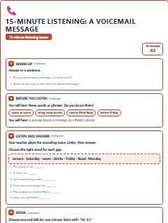 First page of 15-Minute Listening: a voicemail message, A2 lesson plan