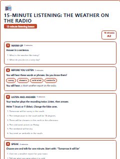 First page of 15-Minute Listening: the weather on the radio, A2 lesson plan