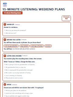 First page of 15-Minute Listening: weekend plans, A2 lesson plan