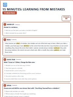 First page of 15 Minutes: Learning from Mistakes, B1 lesson plan