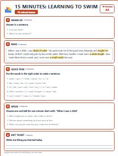 First page of 15 Minutes: Learning to Swim, A2 lesson plan
