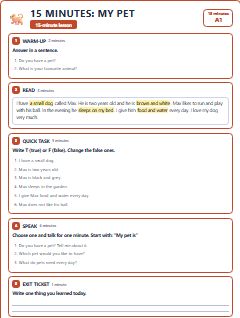 First page of 15 Minutes: My Pet, A1 lesson plan