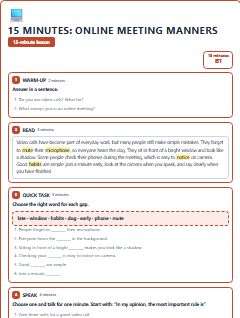 First page of 15 Minutes: Online Meeting Manners, B1 lesson plan