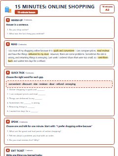 First page of 15 Minutes: Online Shopping, A2 lesson plan