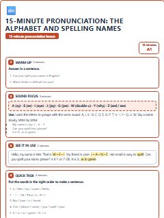 First page of 15-Minute Pronunciation: the alphabet and spelling names, A1 lesson plan