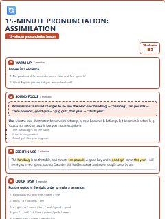 First page of 15-Minute Pronunciation: assimilation, B2 lesson plan