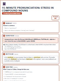 First page of 15-Minute Pronunciation: stress in compound nouns, B2 lesson plan