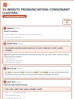 First page of 15-Minute Pronunciation: consonant clusters, B1 lesson plan