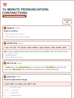 First page of 15-Minute Pronunciation: contractions, B1 lesson plan