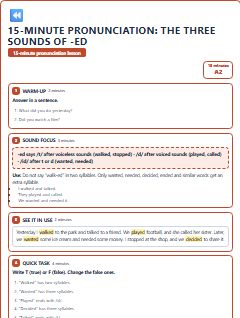 First page of 15-Minute Pronunciation: the three sounds of -ed, A2 lesson plan