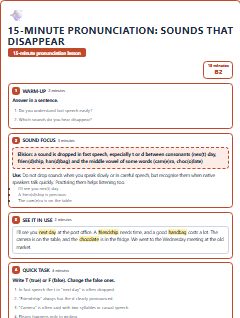 First page of 15-Minute Pronunciation: sounds that disappear, B2 lesson plan