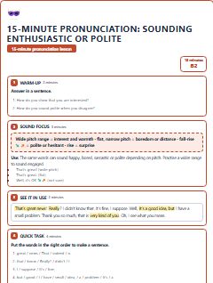 First page of 15-Minute Pronunciation: sounding enthusiastic or polite, B2 lesson plan