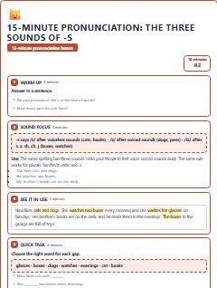 First page of 15-Minute Pronunciation: the three sounds of -s, A2 lesson plan