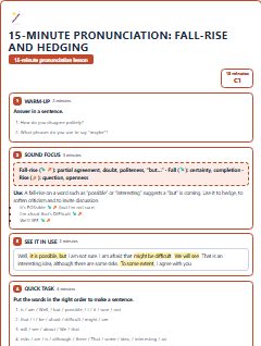 First page of 15-Minute Pronunciation: fall-rise and hedging, C1 lesson plan