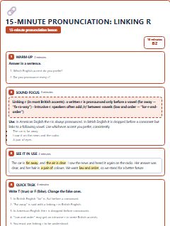 First page of 15-Minute Pronunciation: linking r, B2 lesson plan
