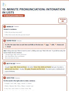 First page of 15-Minute Pronunciation: intonation in lists, B2 lesson plan