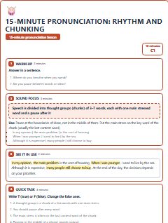 First page of 15-Minute Pronunciation: rhythm and chunking, C1 lesson plan