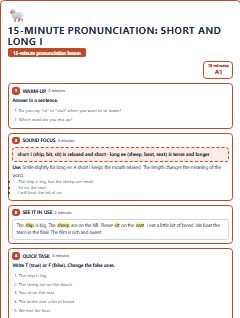 First page of 15-Minute Pronunciation: short and long i, A1 lesson plan