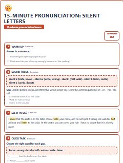 First page of 15-Minute Pronunciation: silent letters, A2 lesson plan