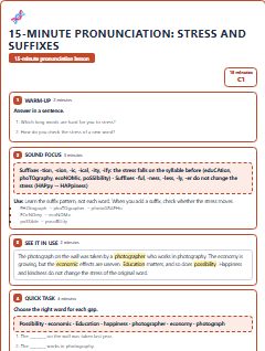 First page of 15-Minute Pronunciation: stress and suffixes, C1 lesson plan