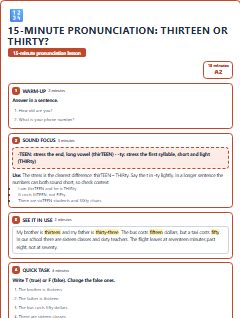 First page of 15-Minute Pronunciation: thirteen or thirty?, A2 lesson plan