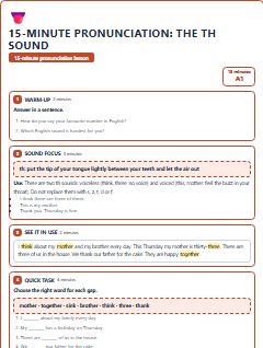 First page of 15-Minute Pronunciation: the th sound, A1 lesson plan