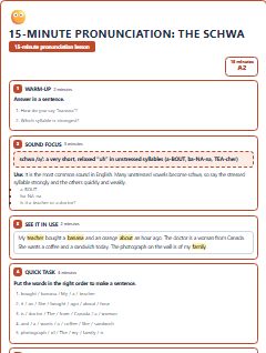 First page of 15-Minute Pronunciation: the schwa, A2 lesson plan