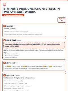 First page of 15-Minute Pronunciation: stress in two-syllable words, A2 lesson plan