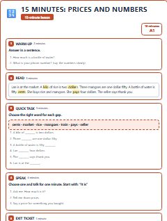First page of 15 Minutes: Prices and Numbers, A1 lesson plan