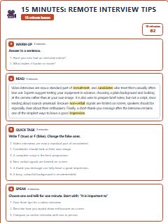 First page of 15 Minutes: Remote Interview Tips, B2 lesson plan