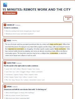 First page of 15 Minutes: Remote Work and the City, C1 lesson plan