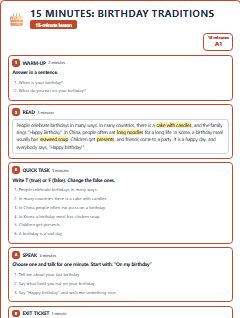 First page of 15 Minutes: Birthday Traditions, A1 lesson plan