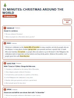 First page of 15 Minutes: Christmas Around the World, A2 lesson plan