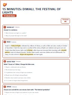 First page of 15 Minutes: Diwali, the Festival of Lights, B1 lesson plan