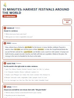 First page of 15 Minutes: Harvest Festivals Around the World, A2 lesson plan