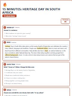 First page of 15 Minutes: Heritage Day in South Africa, B1 lesson plan