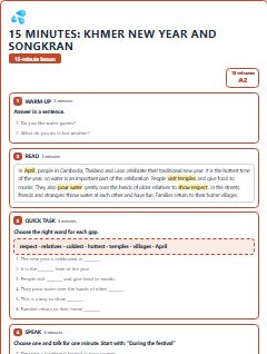 First page of 15 Minutes: Khmer New Year and Songkran, A2 lesson plan
