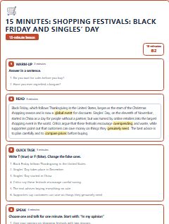 First page of 15 Minutes: Shopping Festivals: Black Friday and Singles’ Day, B2 lesson plan