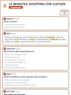 First page of 15 Minutes: Shopping for Clothes, A2 lesson plan