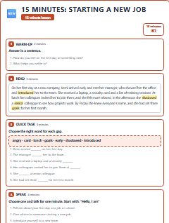 First page of 15 Minutes: Starting a New Job, B1 lesson plan