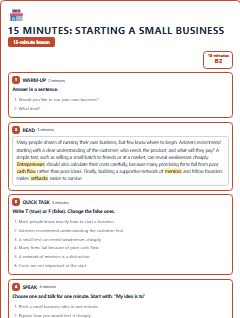 First page of 15 Minutes: Starting a Small Business, B2 lesson plan
